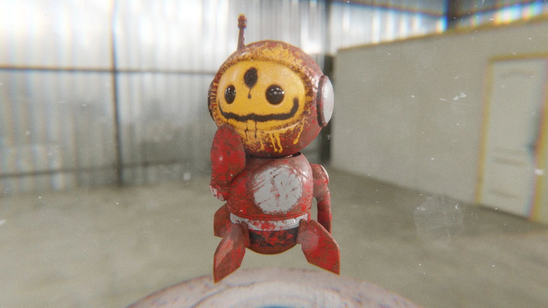 Graffiti 3D robot mascot in thinking pose with yellow smile face