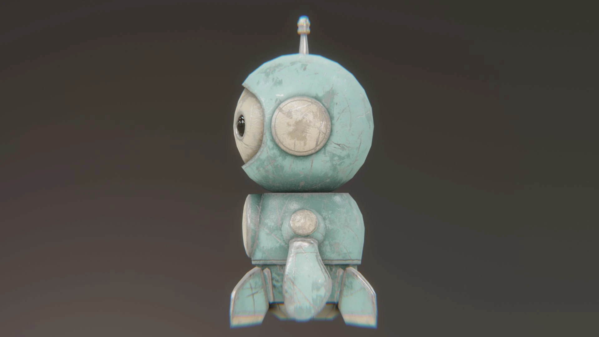 Side view render of Retrobot Kitchen Appliance Version with aged metal textures and UV mapped geometry