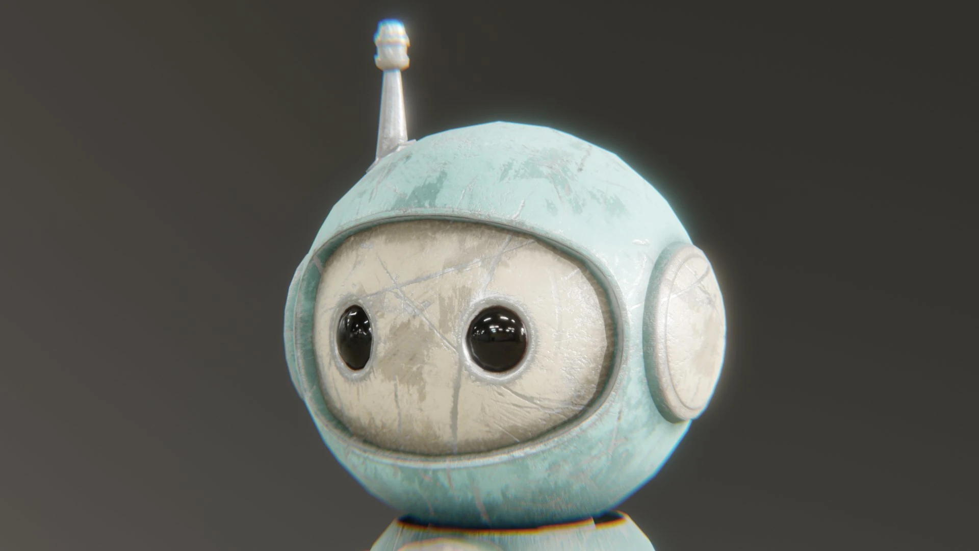 Close-up render of Retrobot Kitchen Appliance Version face showing enamel scratches and metallic highlights