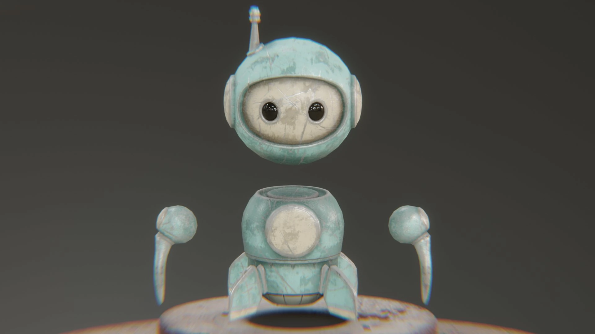 Front render of Retrobot Kitchen Appliance Version, turquoise retro robot mascot inspired by 1950s kitchen appliances