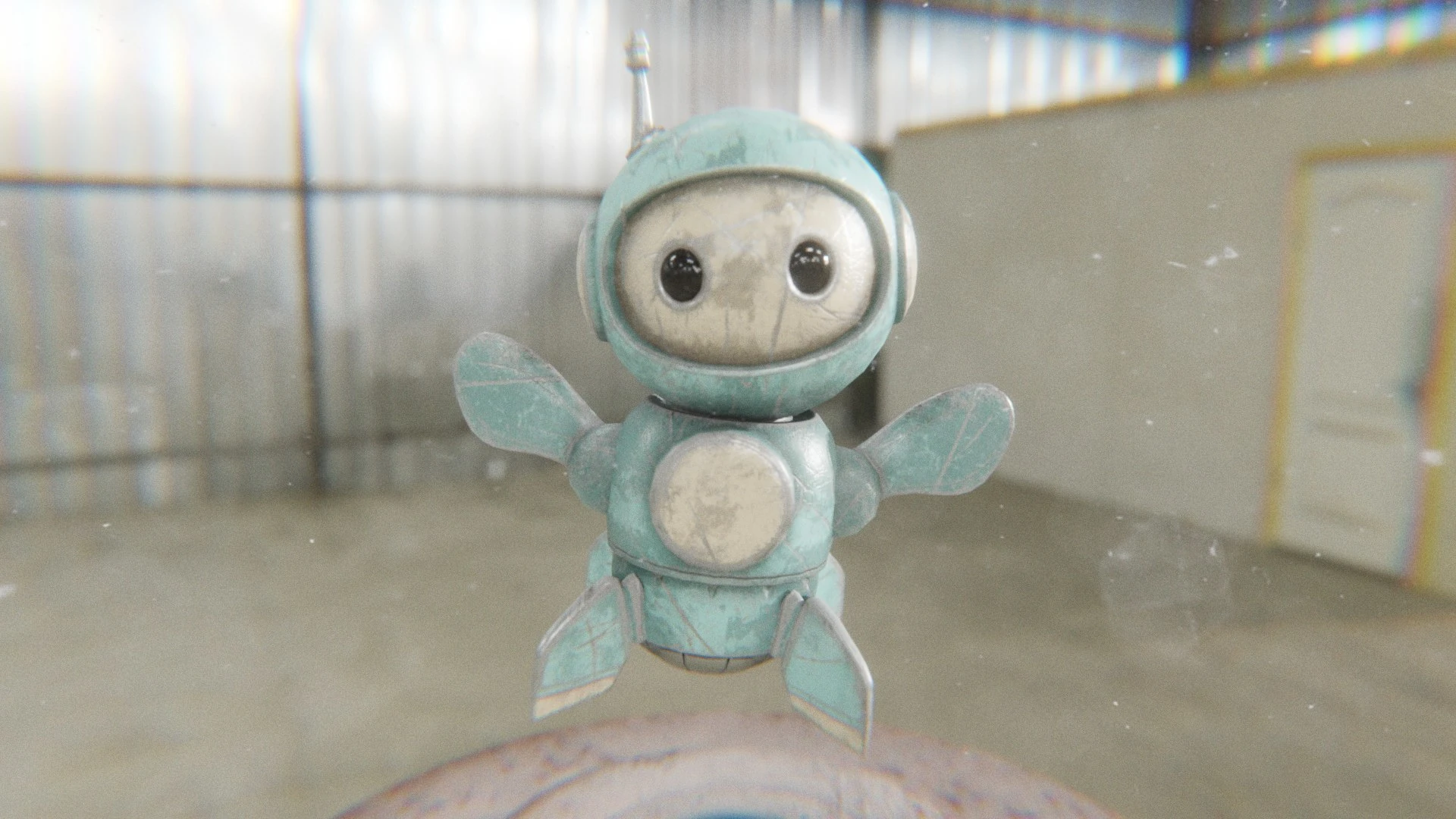 Animated 3D robot mascot in vintage turquoise finish waving in HDRI scene