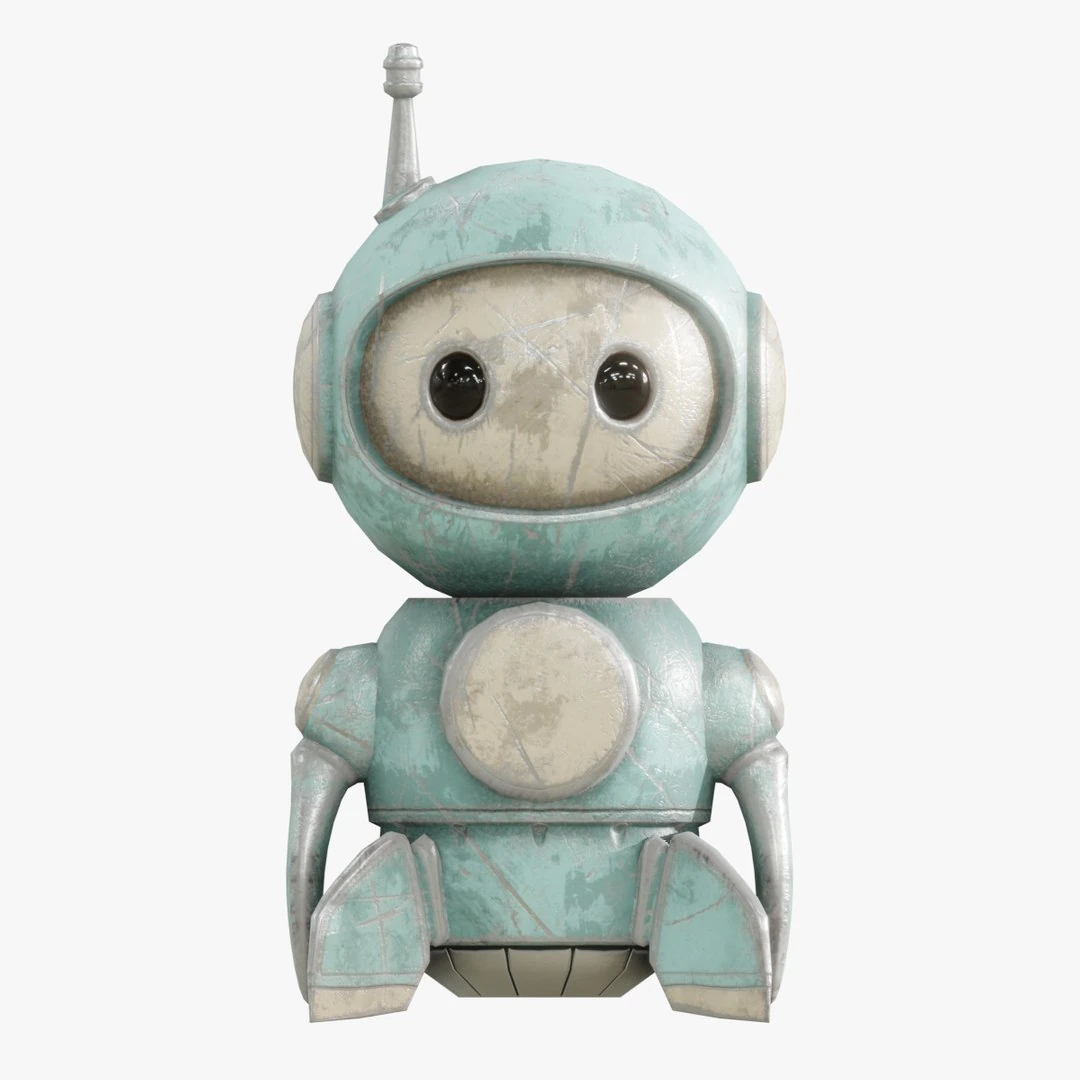 Front render of Retrobot Kitchen Appliance Version, turquoise retro 3D robot mascot inspired by 1950s kitchen appliances