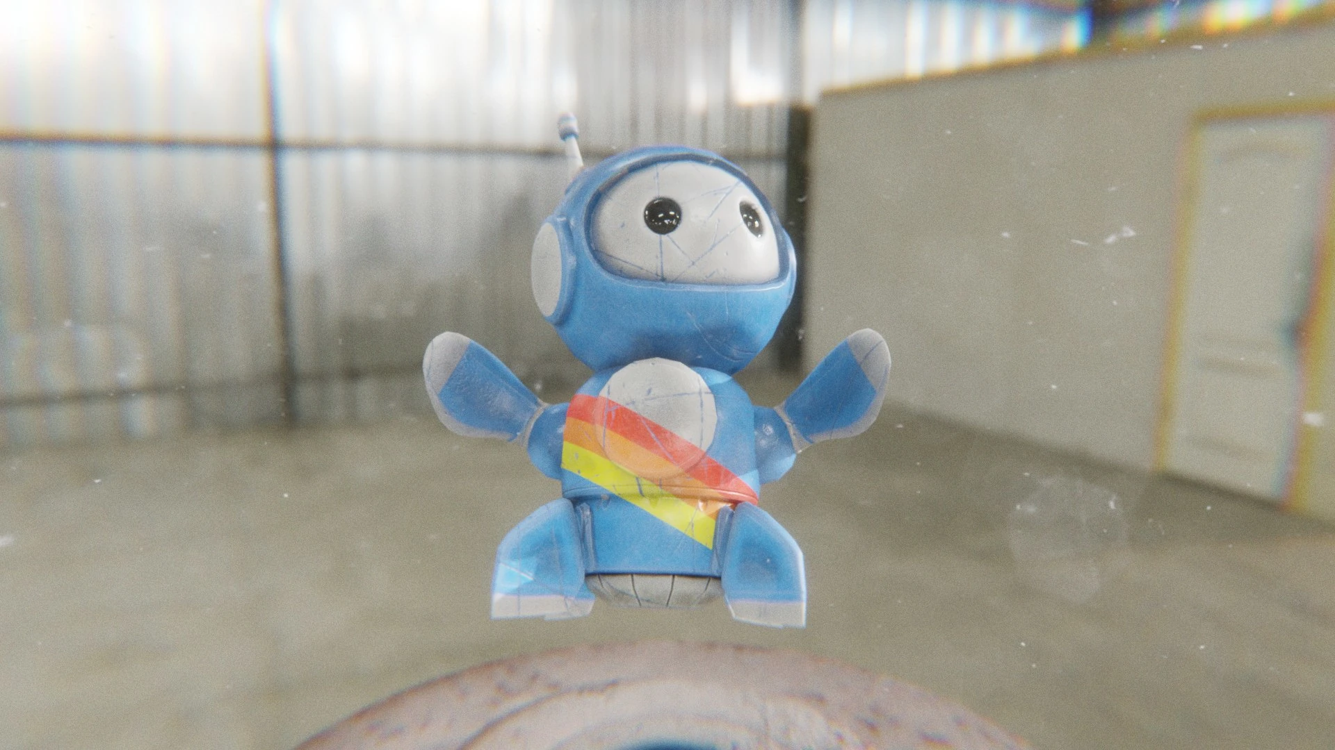 Dramatic lighting test on Retrobot Sky Paint 3D mascot showing surface scratches