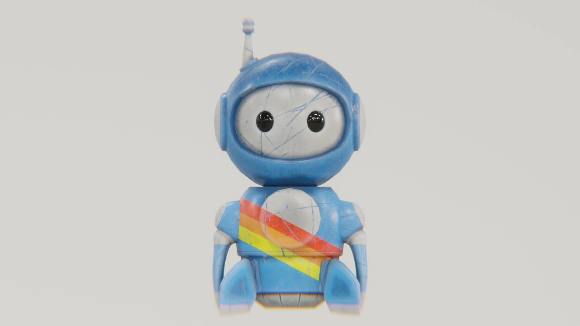 Front render of Retrobot Sky Paint Version – cute 3D robot mascot with rainbow stripe design