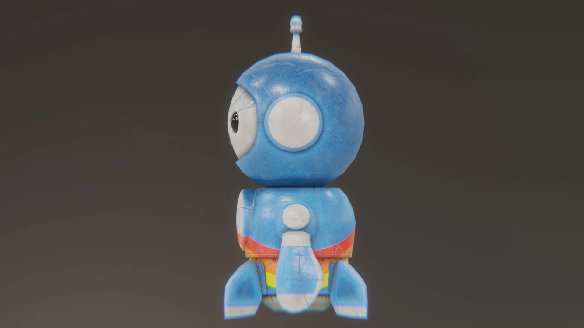 Side angle of Retrobot Sky Paint Version showing rainbow stripe and glossy blue armor
