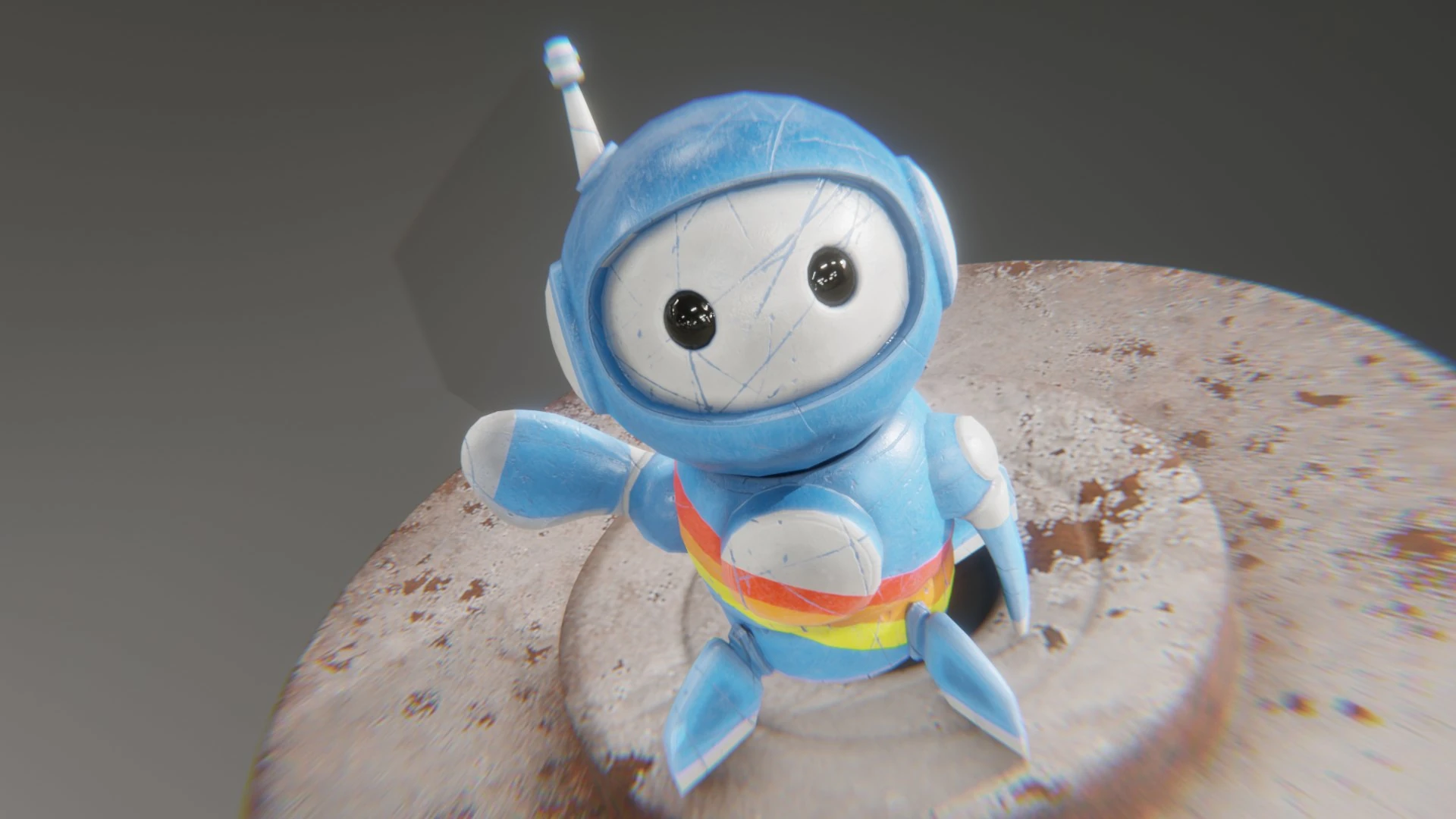 Retrobot Sky Paint Version waving in bright HDRI-lit warehouse