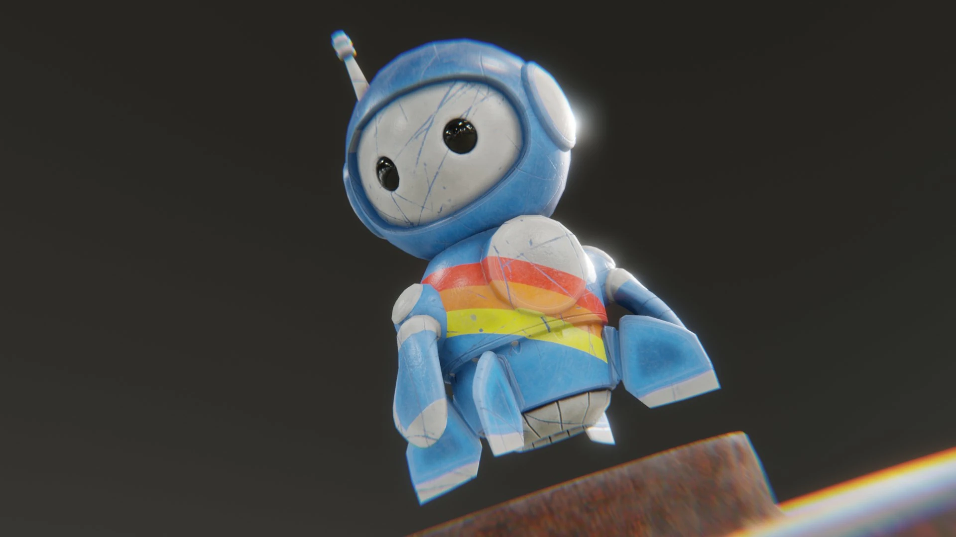 Cute sky-blue Retrobot mascot in playful thinking animation