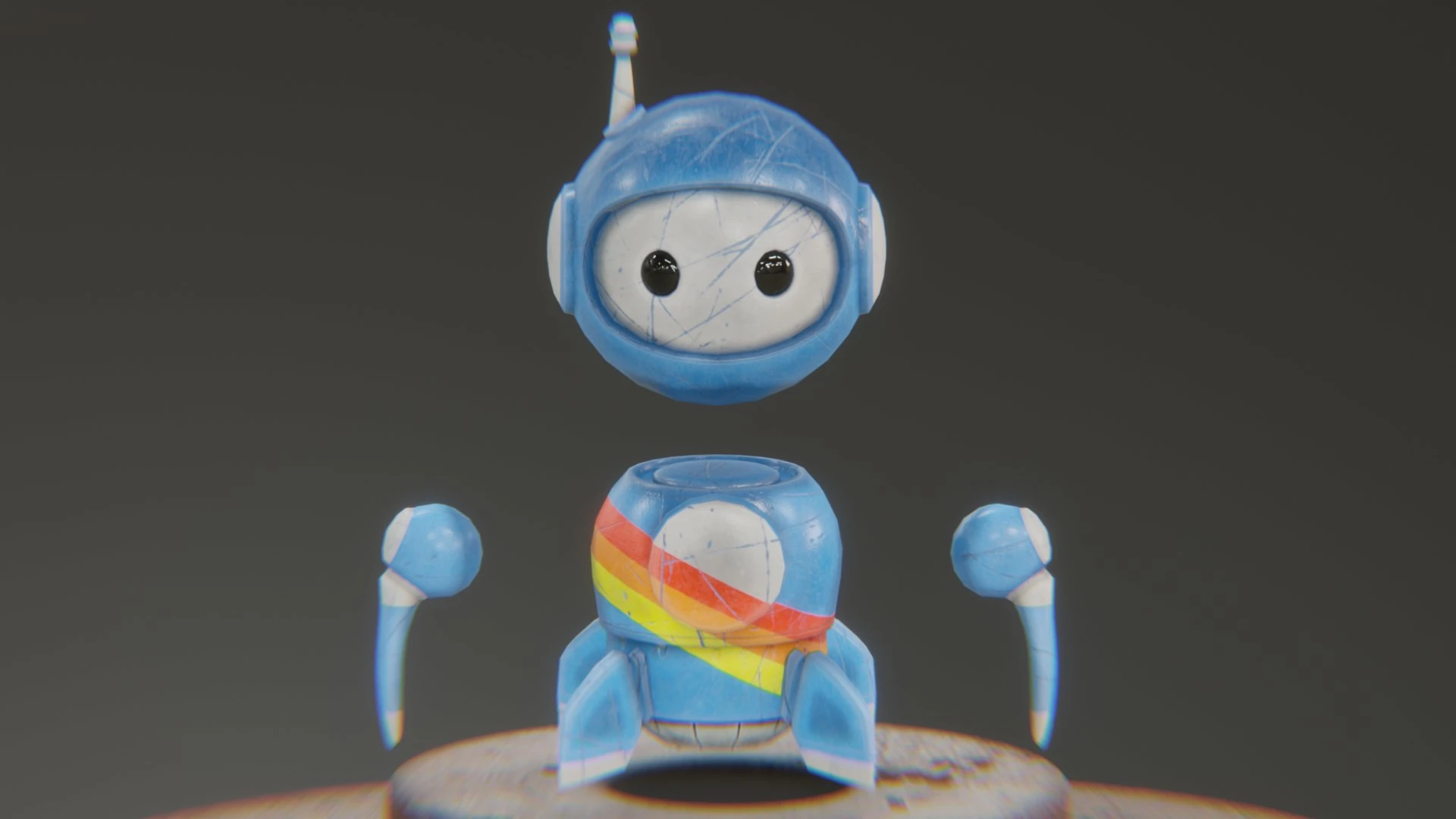 Flying pose of Retrobot Sky Paint mascot 3D model with rainbow stripe