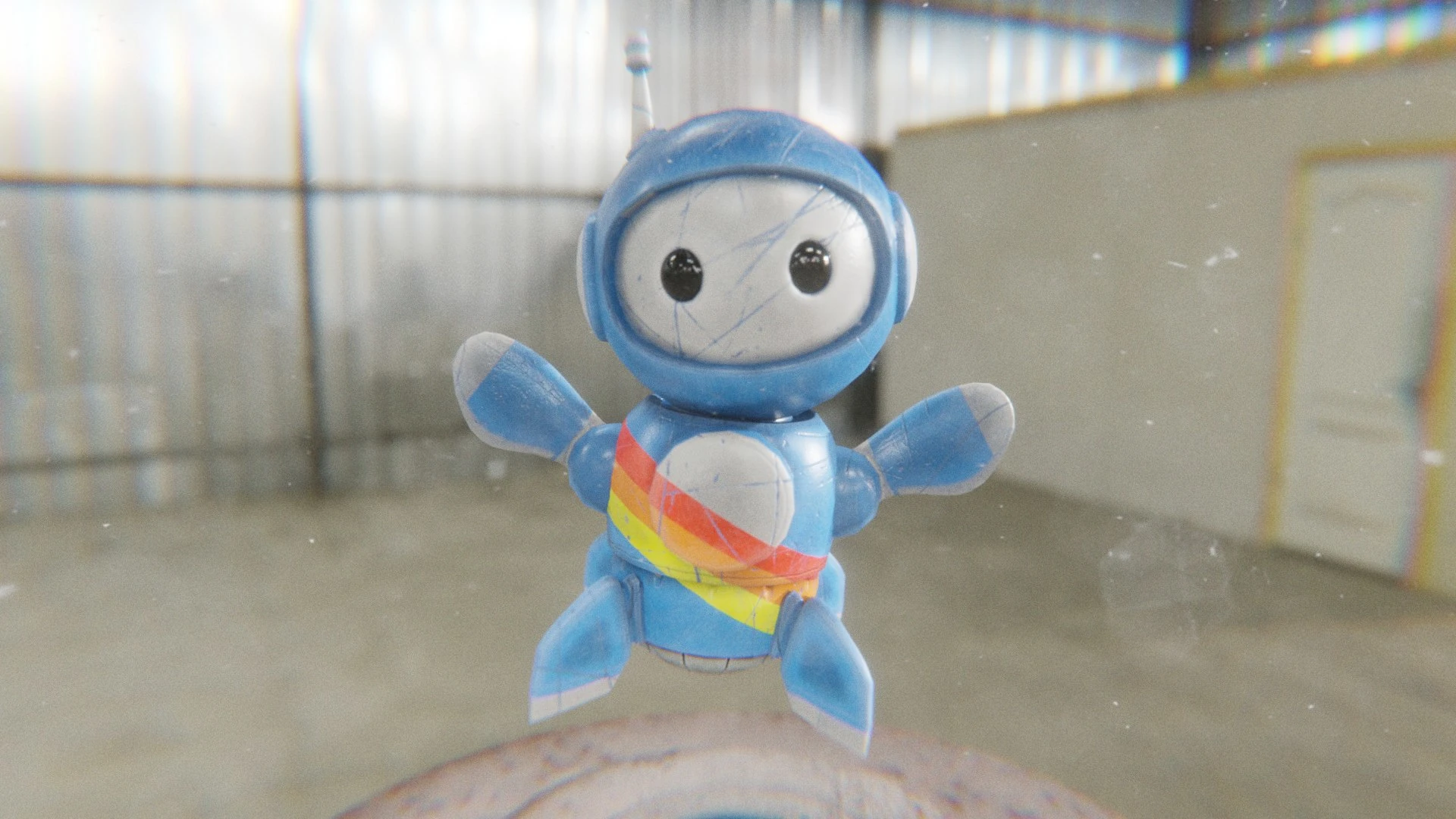 Cute blue Retrobot Sky Paint 3D mascot raising arms to get attention