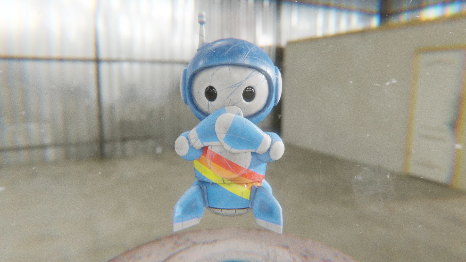 Cute blue 3D robot mascot giggling with scratched paint texture