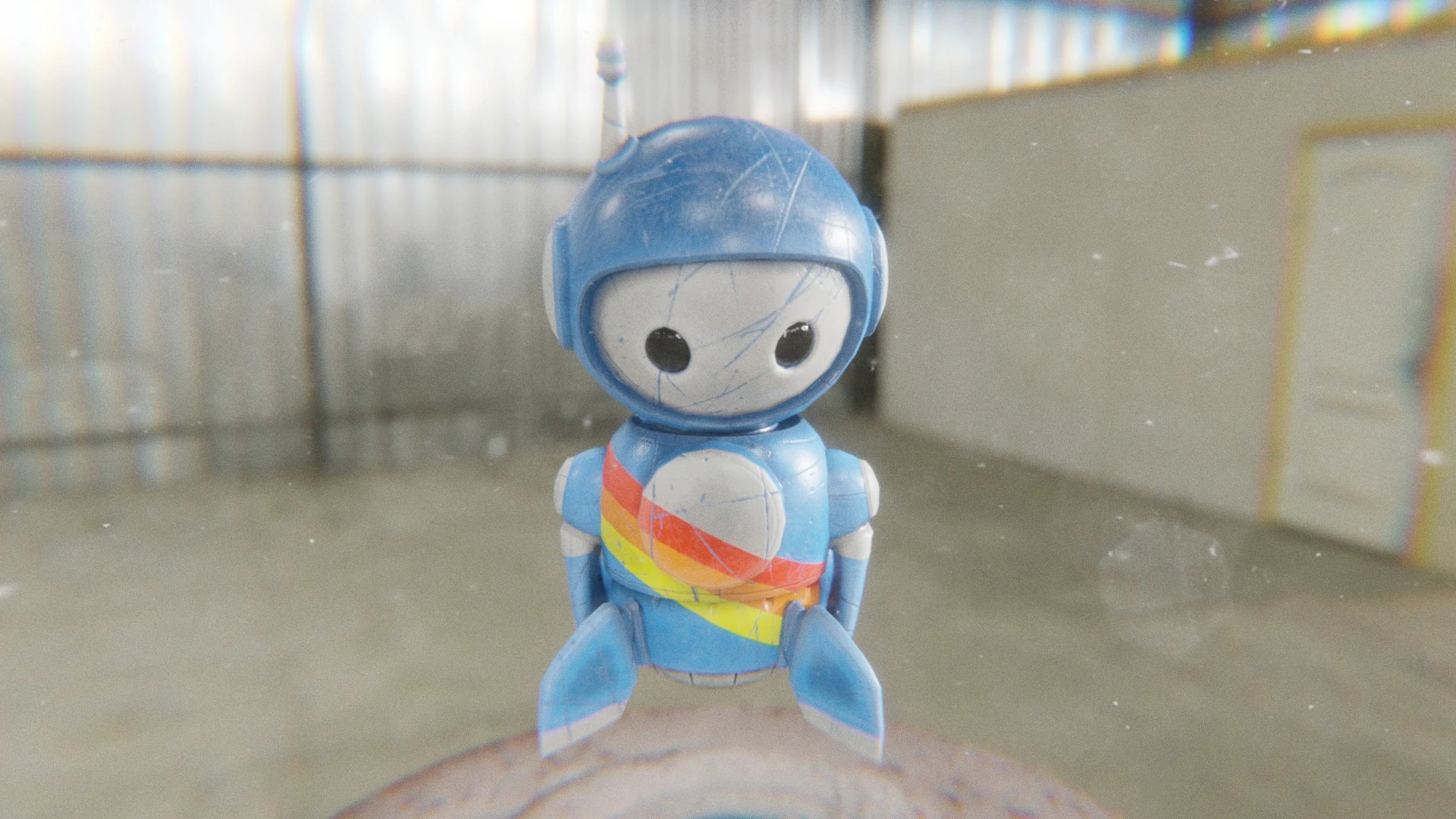 Sky-blue robot mascot with retro rainbow stripe looking sad