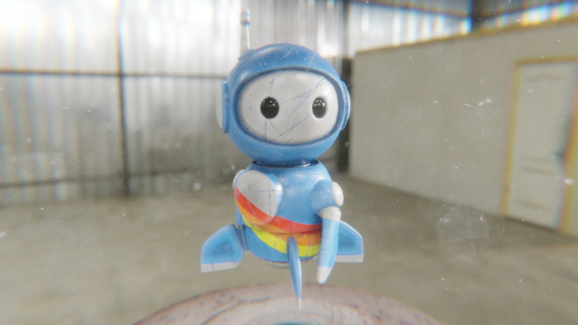 Retro rainbow robot mascot spinning in air with glossy texture