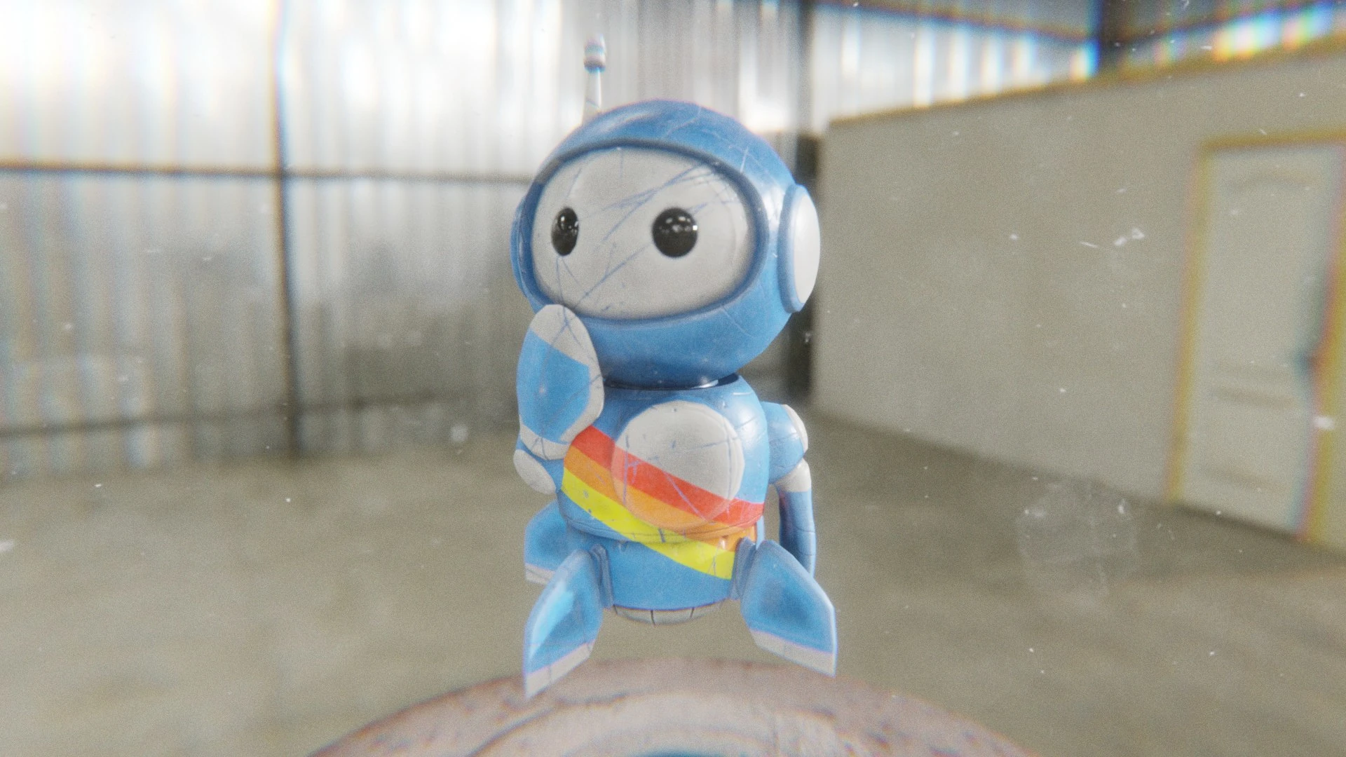 Blue robot mascot thinking pose with hand on chin