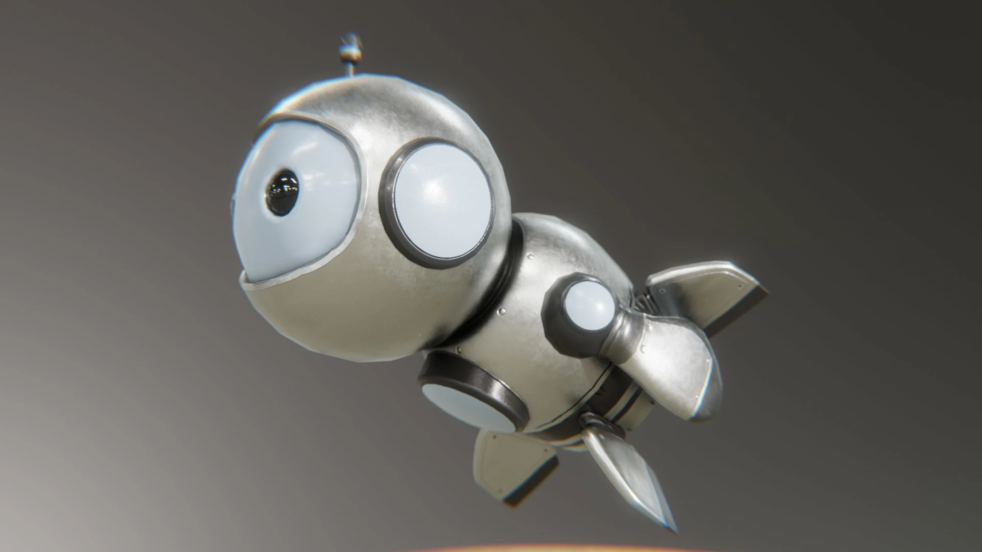 Flying pose of Retrobot Space Explorer 3D mascot rendered in Blender HDRI environment