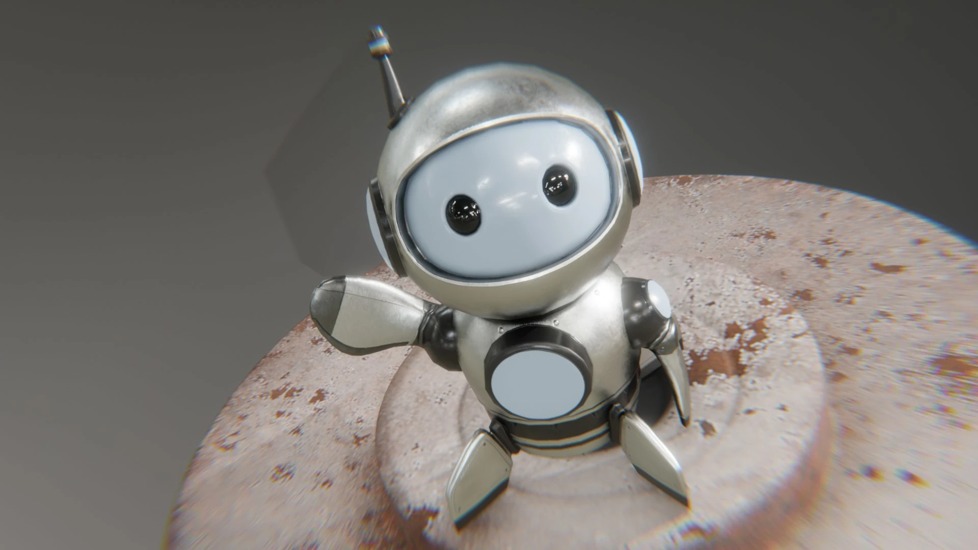 Retrobot waving while sitting on a rusted launch pad environment