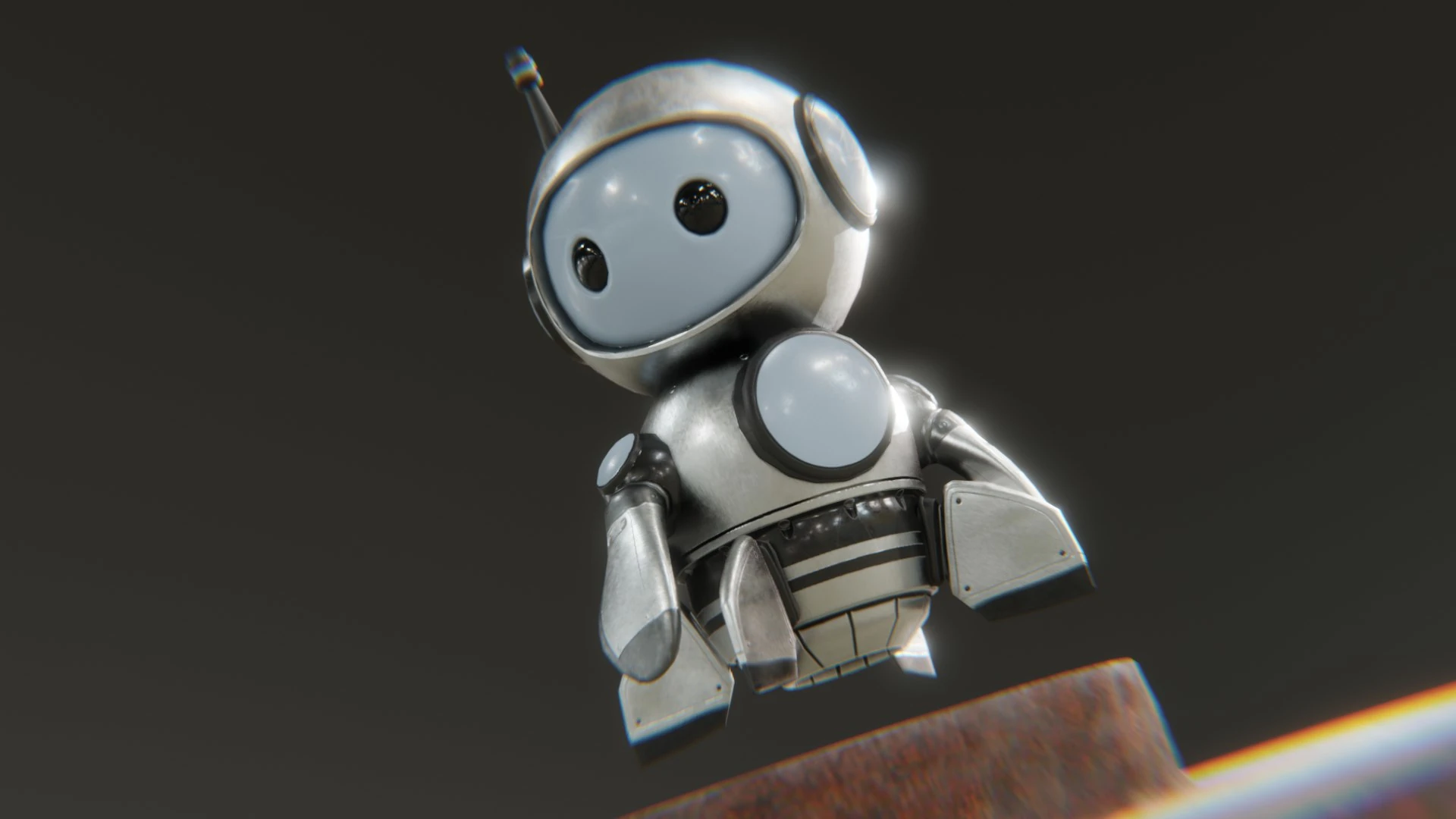 Retrobot hovering in mid-air with a dark background emphasizing metallic surfaces