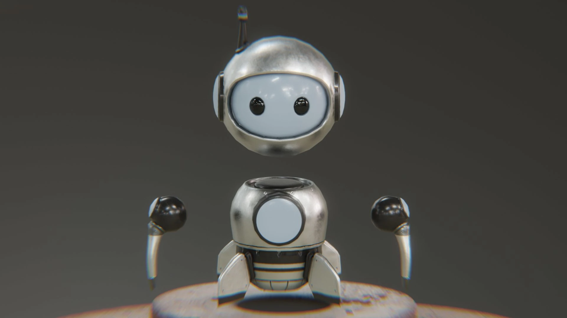 Retrobot Space Explorer 3D robot mascot floating in industrial hangar environment