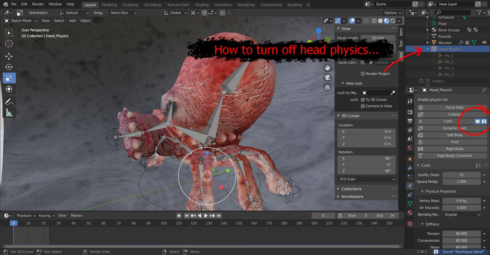 Blender viewport showing Roctopos head physics controls highlighted, demonstrating how to disable dynamic simulation for the octopus model’s head rig