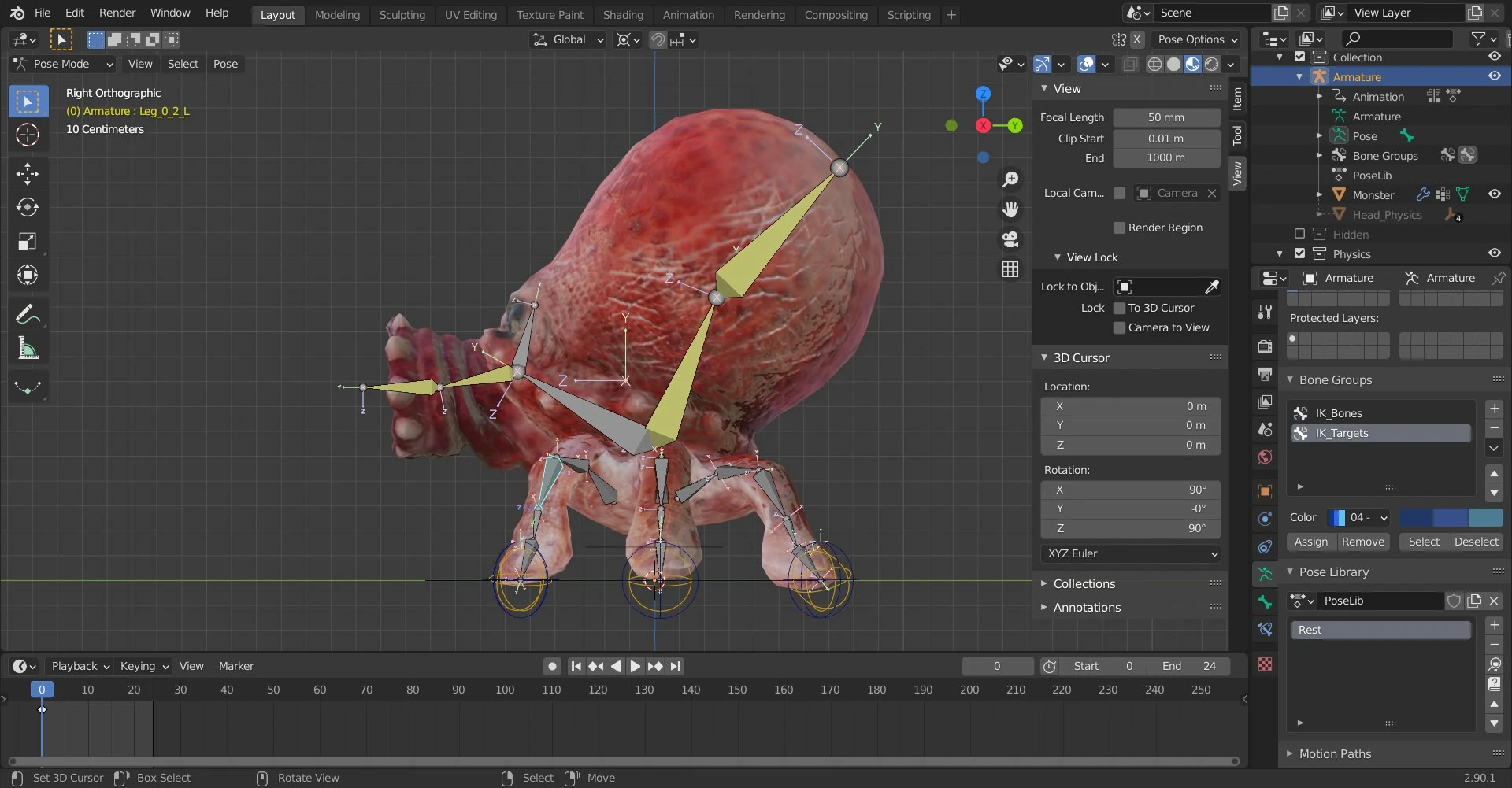 Right orthographic view of the Roctopos rig inside Blender, revealing the full armature hierarchy, inverse kinematics bones, and custom control setup for body motion