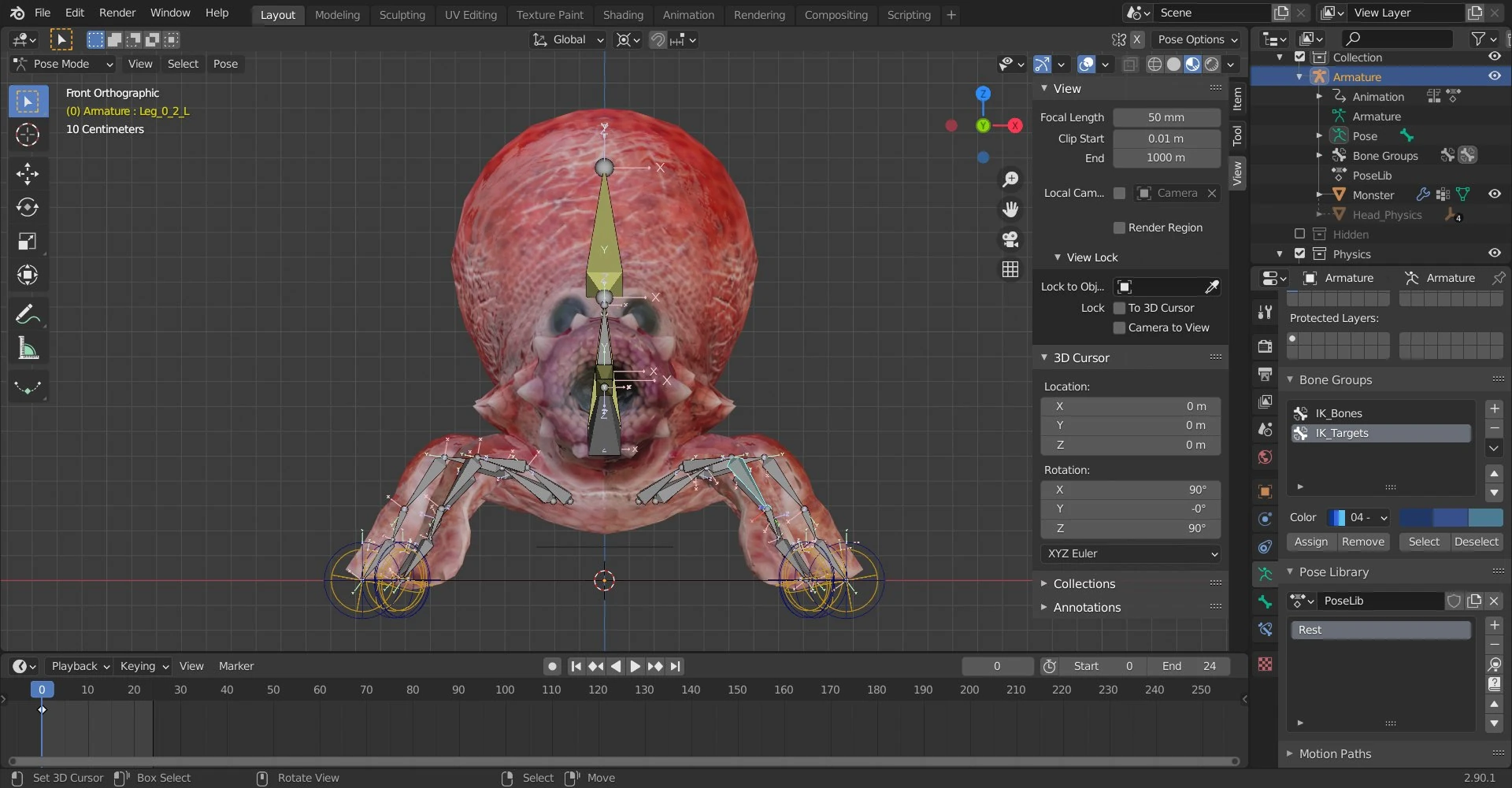 Front orthographic view of the Roctopos rig in Blender showing the complete armature hierarchy, IK bones, and deformation setup used to animate the rock-shooting octopus creature