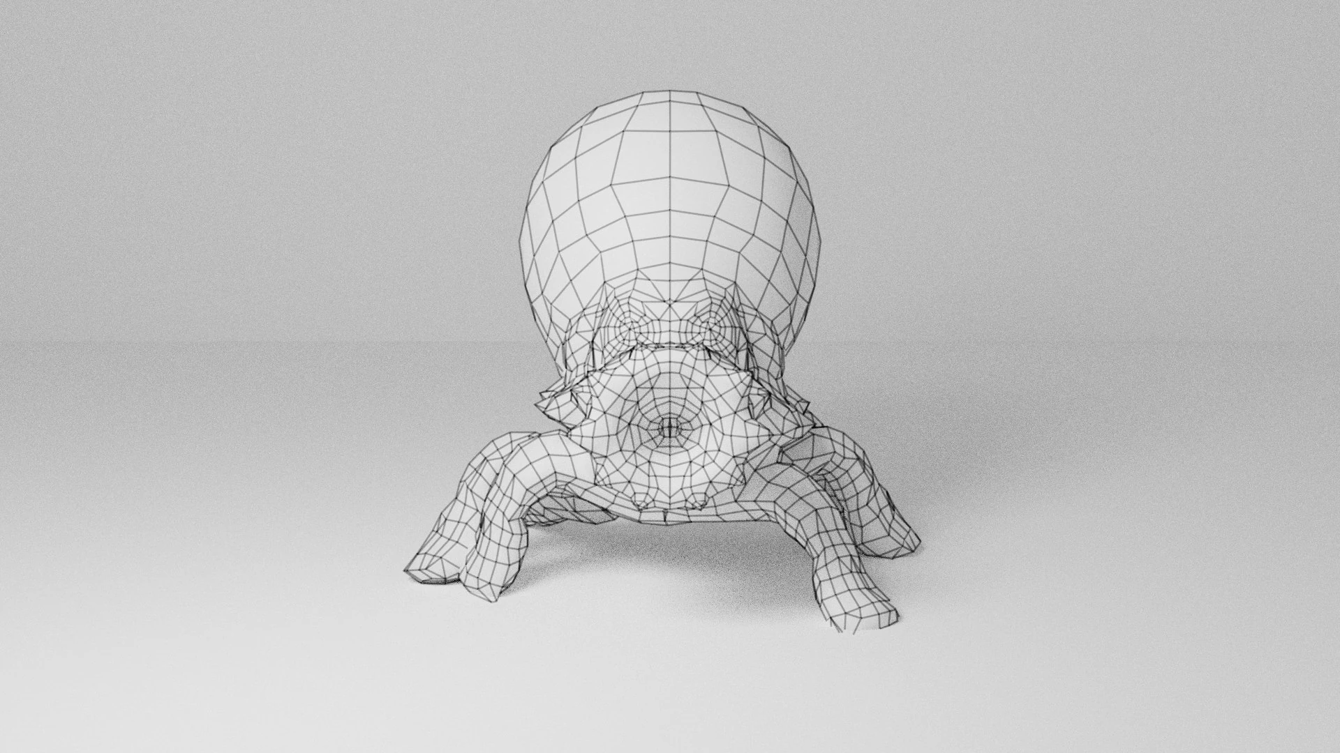 Front wireframe render of the Roctopos 3D model showing clean topology, even quad distribution, and optimized mesh flow around the mouth and head area for deformation and soft-body physics