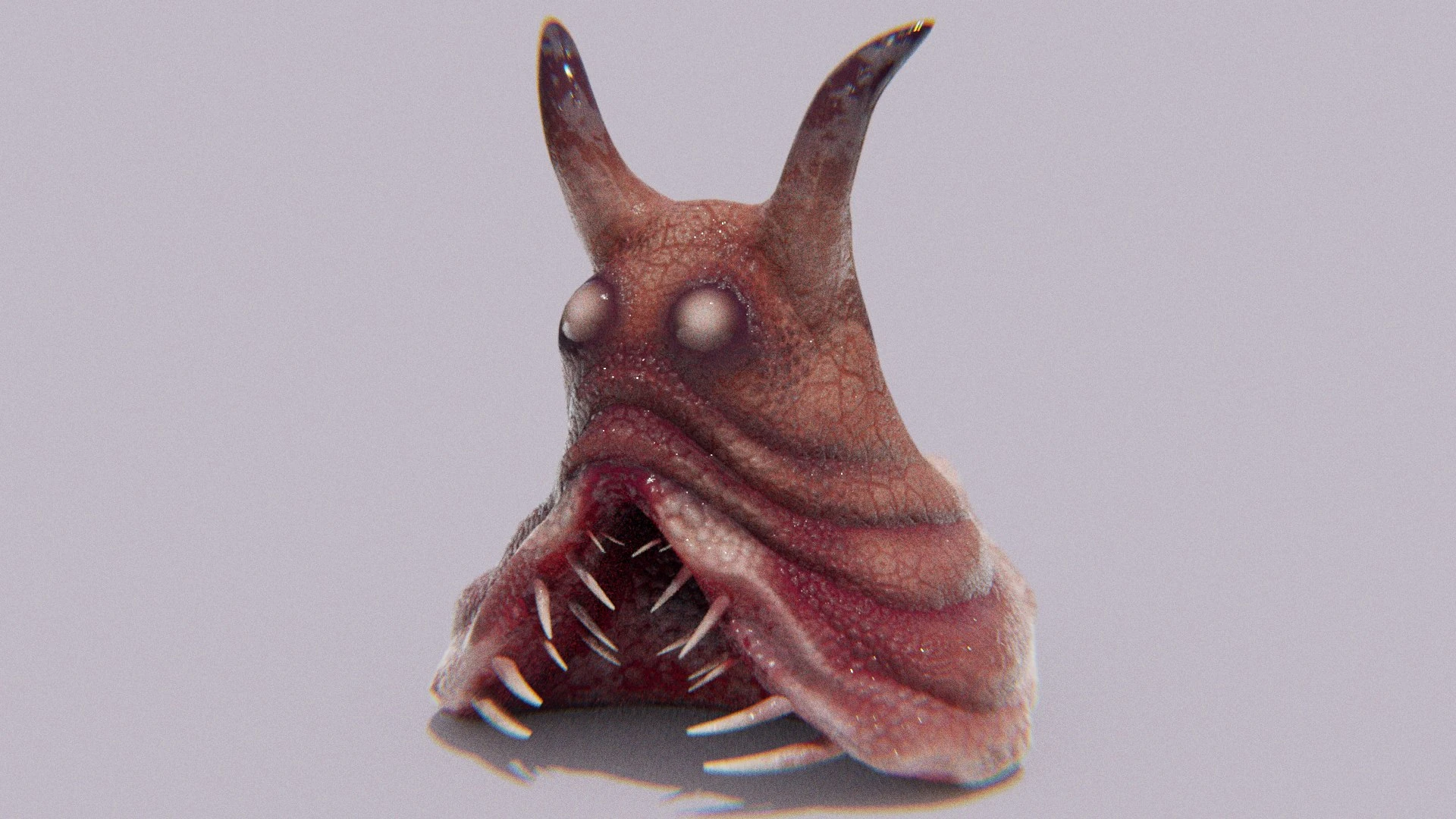 Front perspective render of the Sluggor 3D slug monster showing its slimy translucent skin, glossy horns, and mouth lined with sharp protruding teeth. The creature’s texture emphasizes wetness and organic realism, rendered in Blender Cycles.