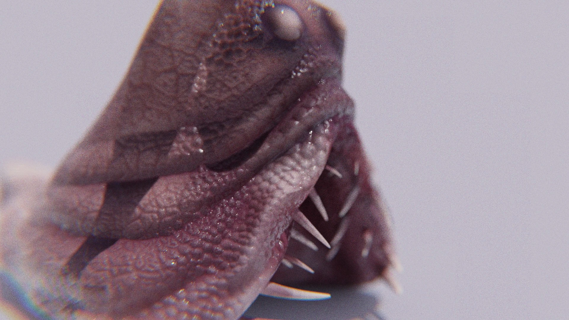 Side macro shot of the Sluggor creature’s mouth folds and inward-facing teeth, illustrating the subsurface scattering and fine sculpted wrinkles that define the high-resolution normal map.