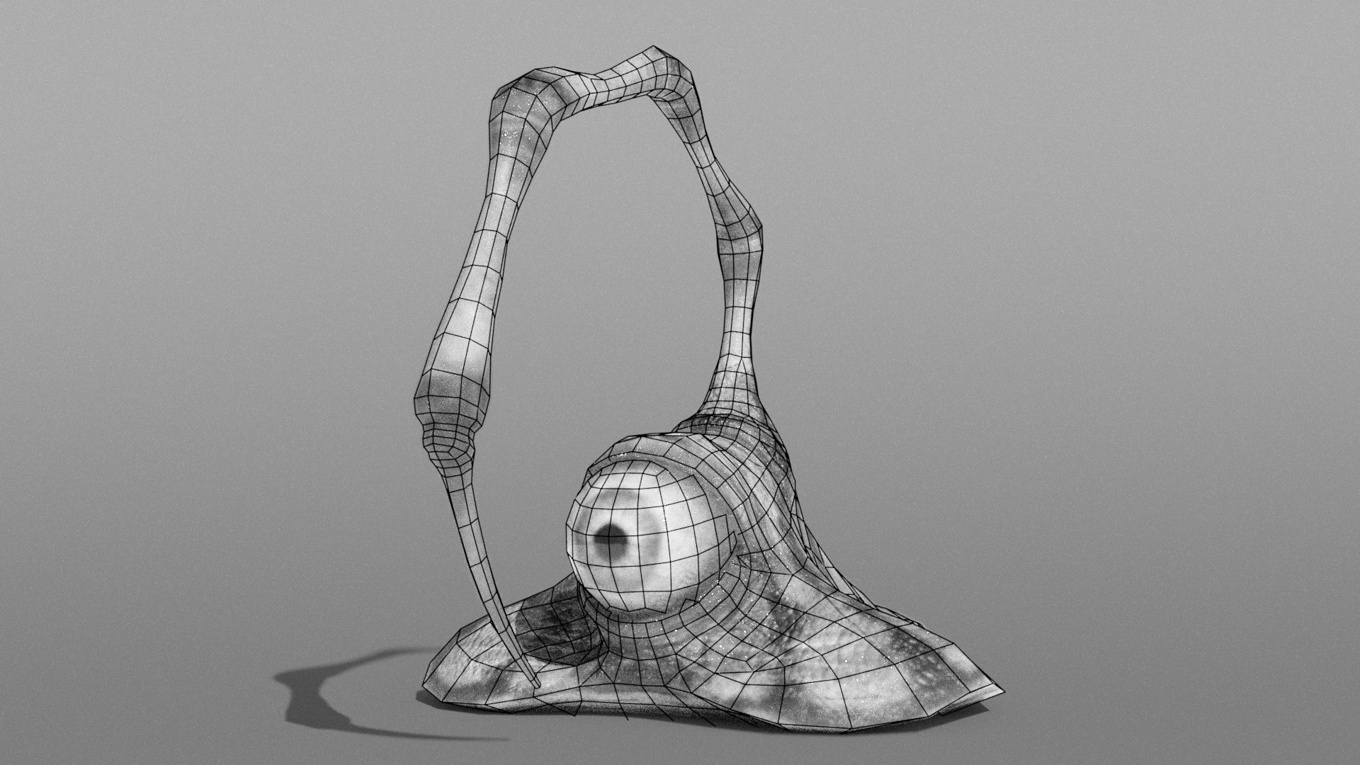 Wireframe front view of slug monster showing mesh flow around the eye and flexible rig structure for animation