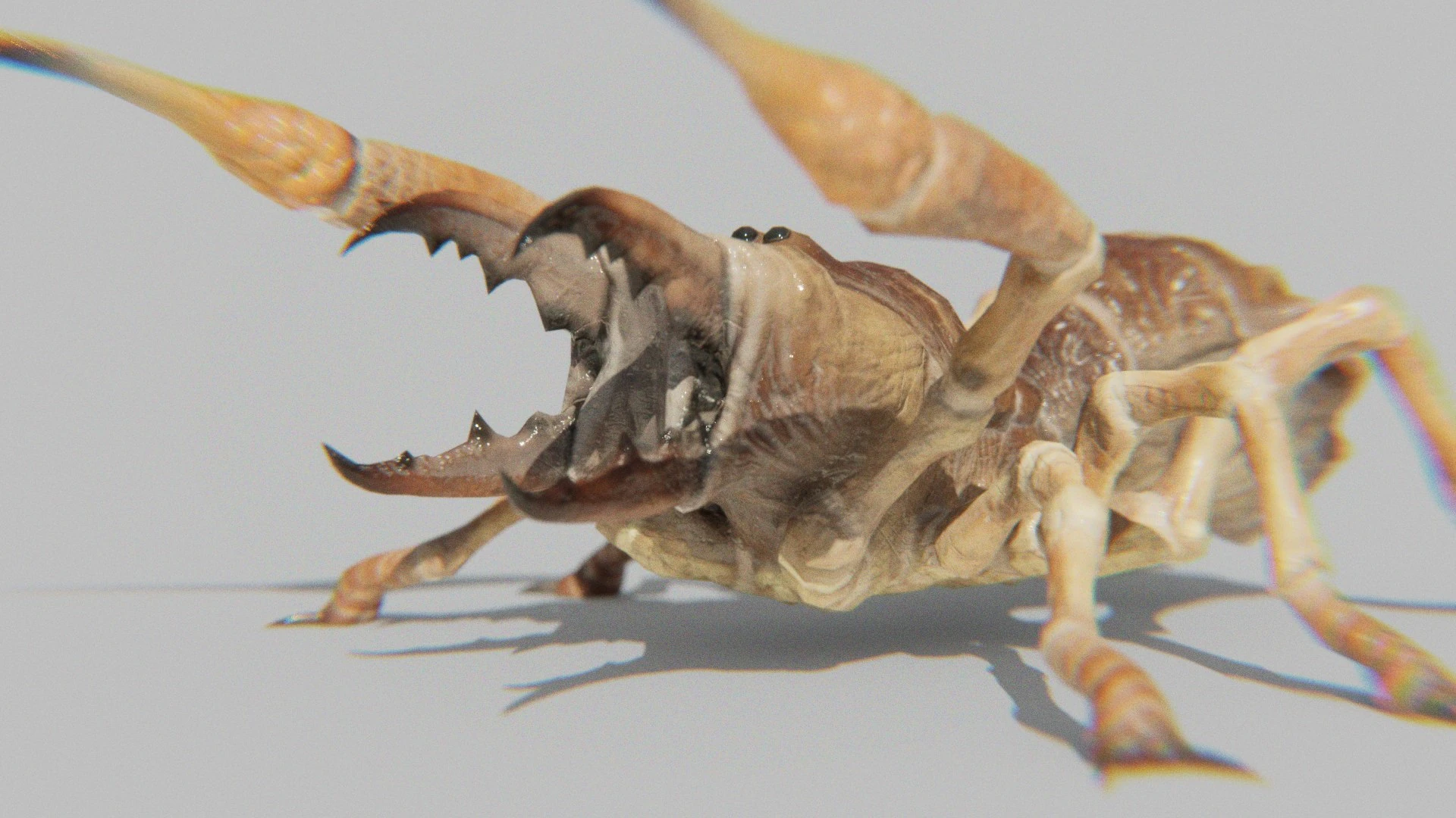 Close-up render of the Sunspider’s open jaws and venomous mandibles, emphasizing detailed texture maps