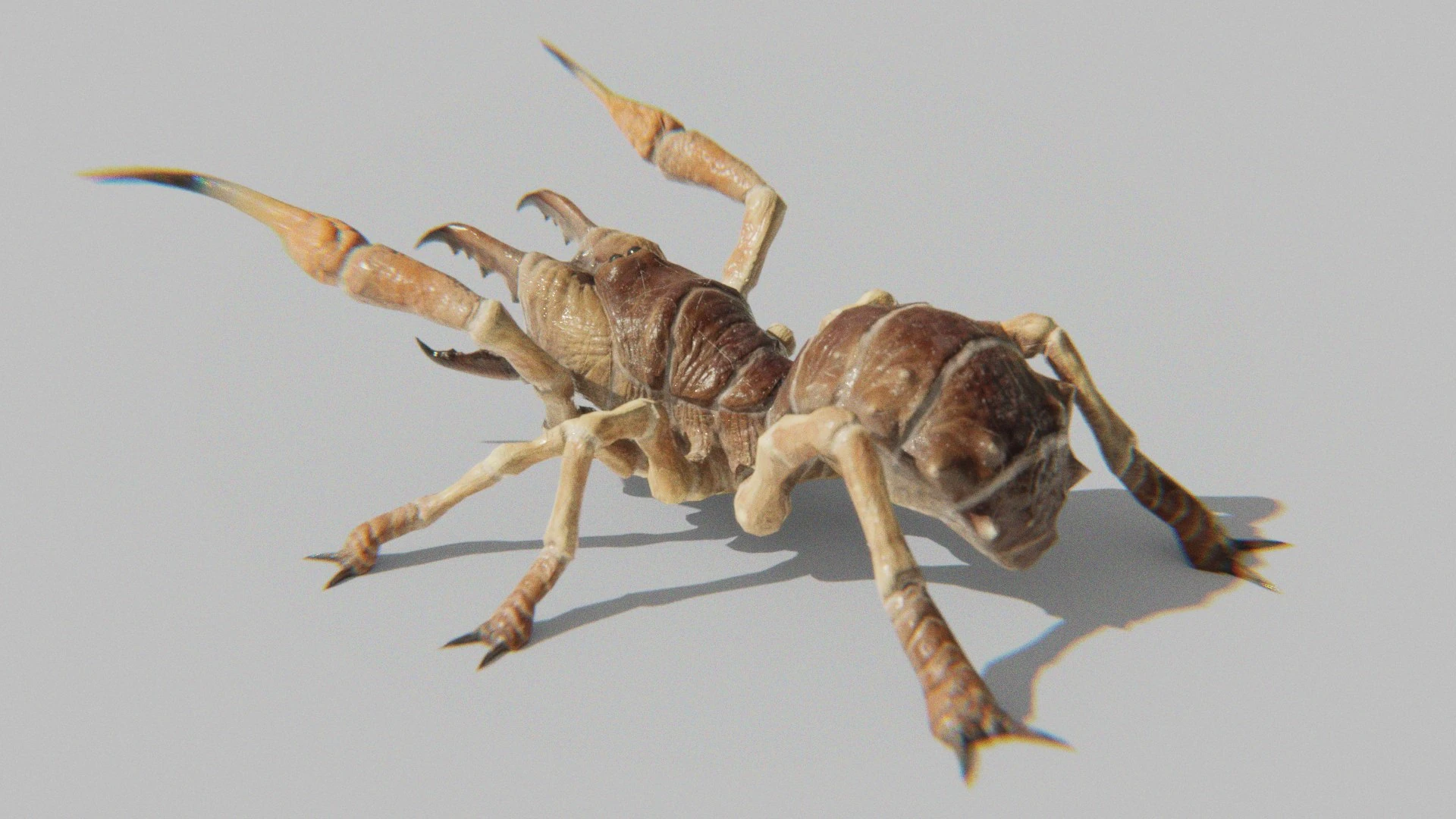 Rear view of the Sunspider monster showing its segmented exoskeleton and low-poly structure