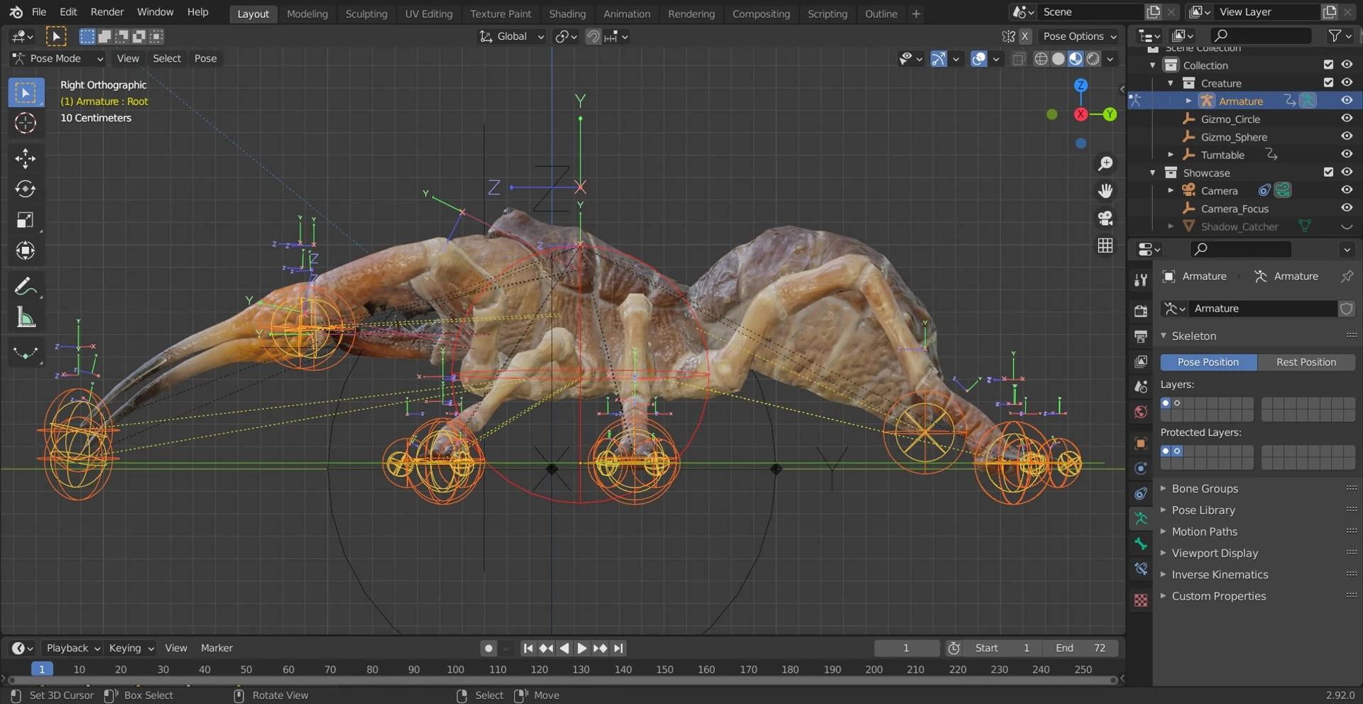 Side orthographic view of the Sunspider Solifugae model inside Blender, displaying full armature rig and IK controls