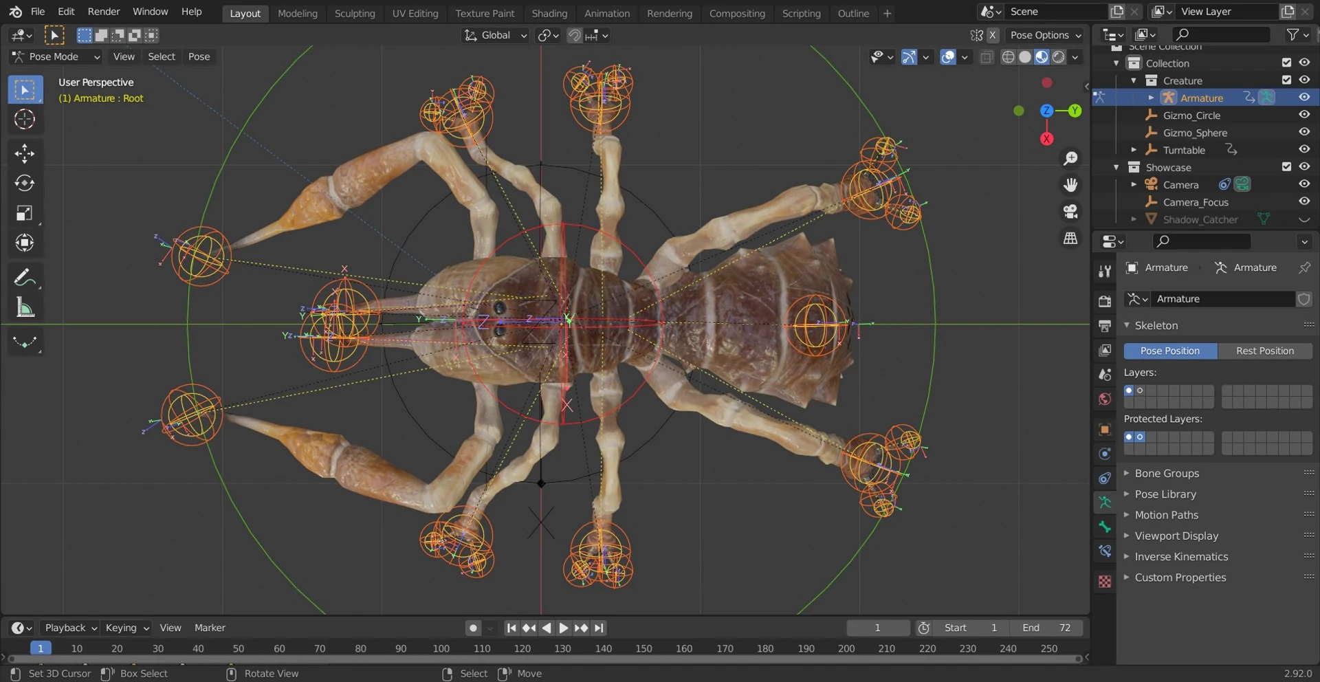 Top orthographic view of the Sunspider 3D model rig inside Blender, showing full limb IK targets and animation controls