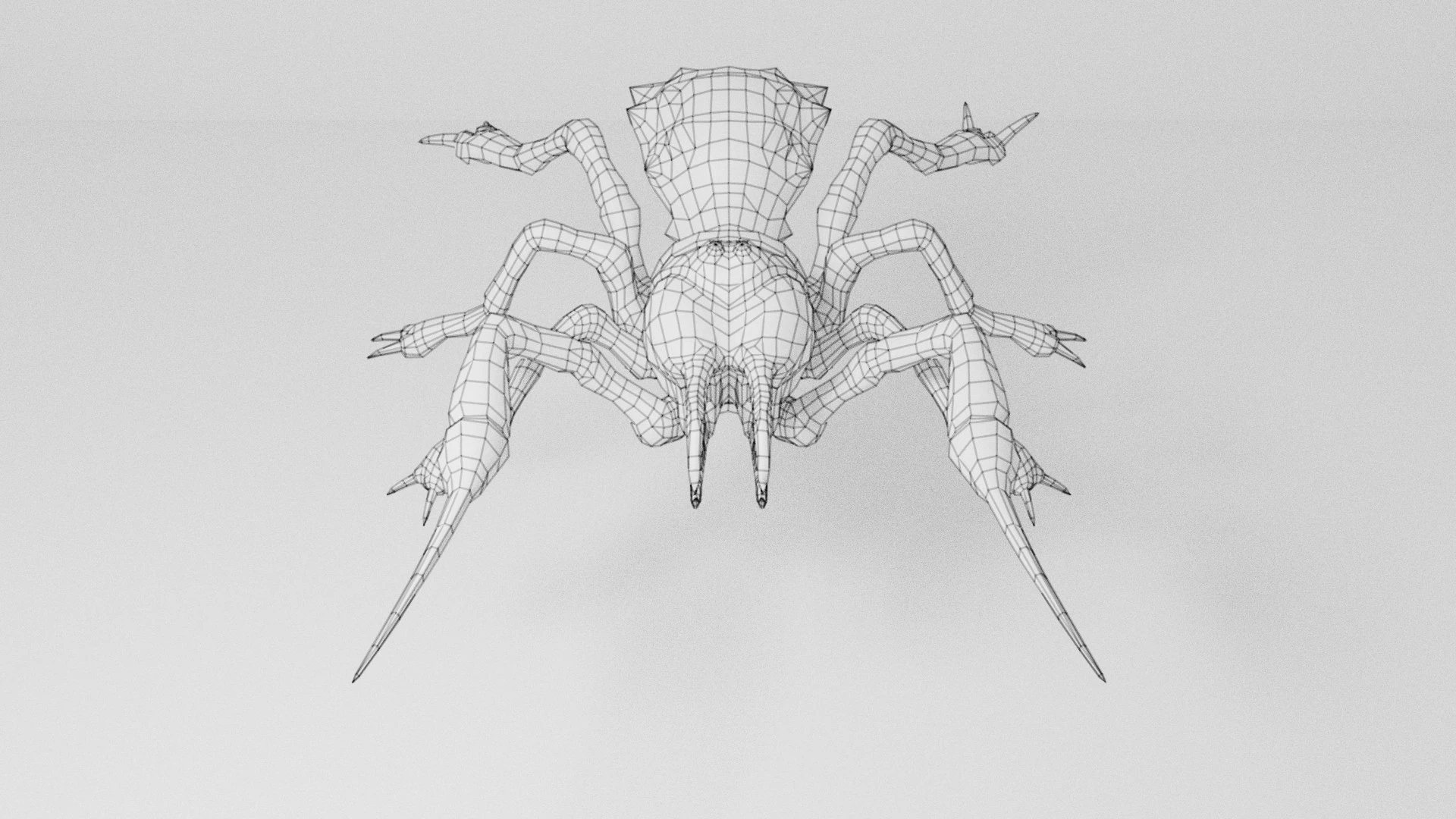Front wireframe render of the Sunspider Solifugae monster model displaying symmetrical topology and clean mesh flow