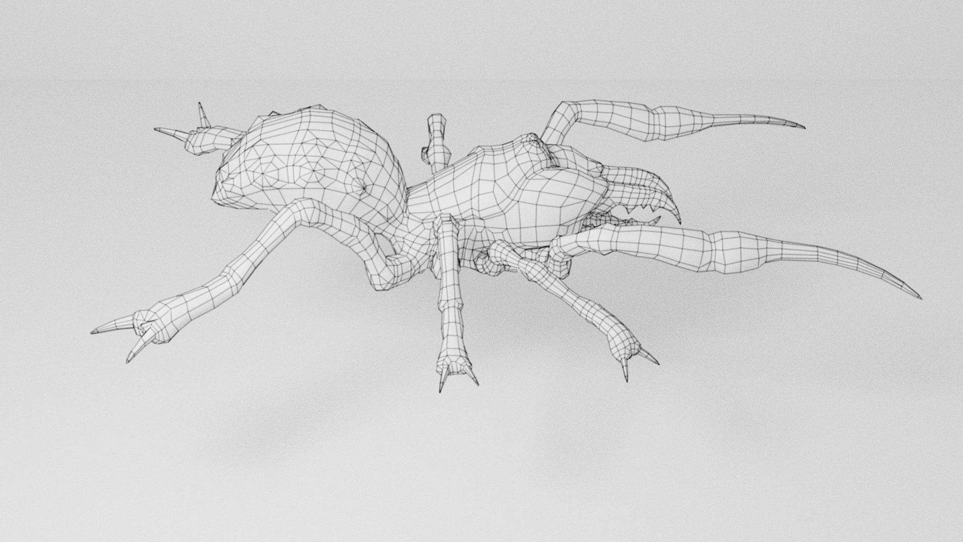 Side wireframe render of the Sunspider 3D creature showing polygonal structure and articulated limb geometry