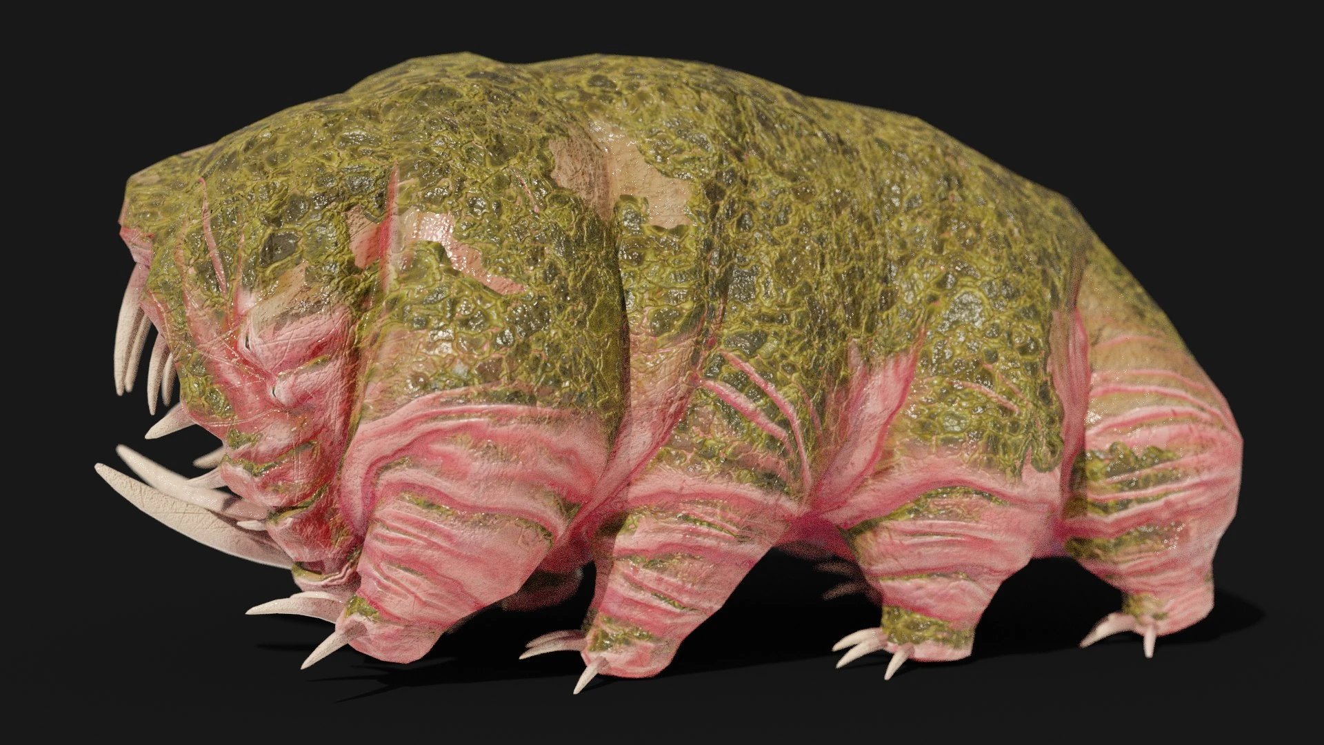 Waterbear Monster Rear-Quarter View – Moss-Covered Carapace and Textured Surface