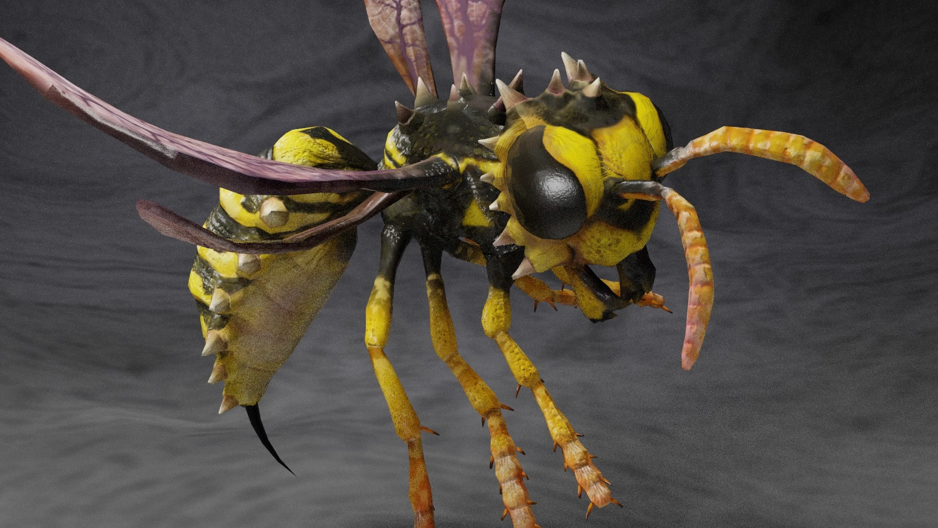 Giant wasp monster with bat wings and spines, rendered in Blender Cycles.