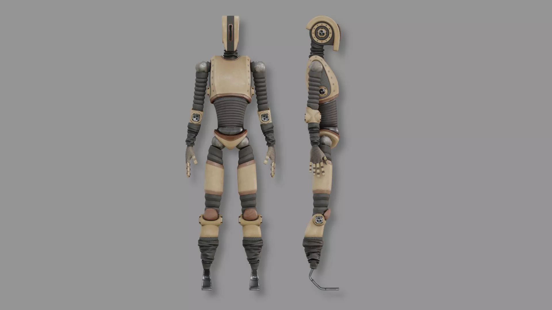 Humanoid robot with aged plastic armor and worn matte finish — retro industrial style