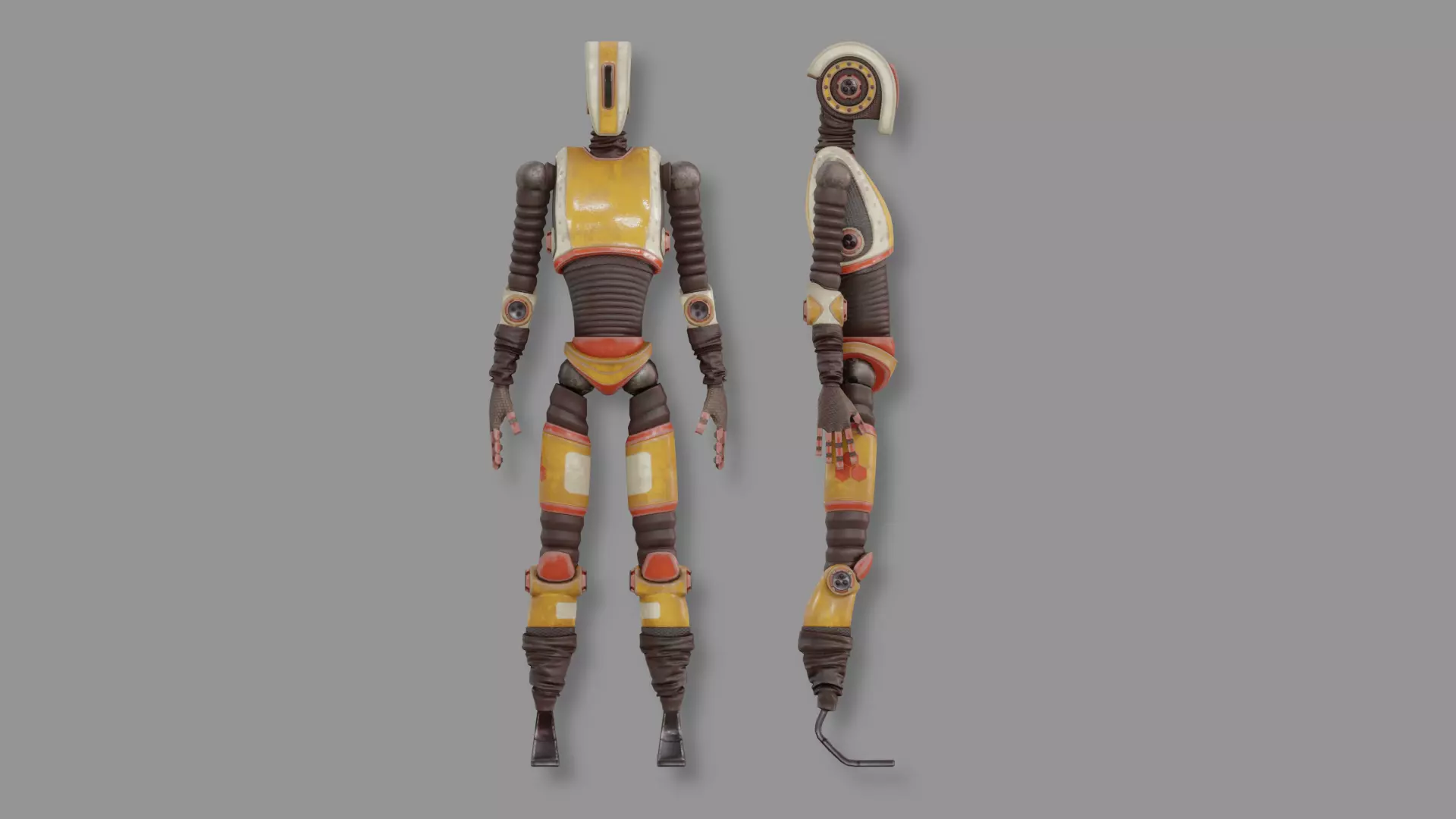 Yellow retro construction-style humanoid robot — safety markings and industrial wear