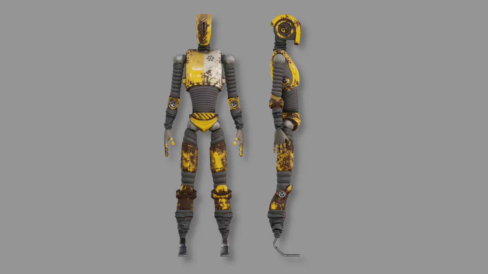 Rusted worker humanoid robot — heavy corrosion and chipped industrial paint