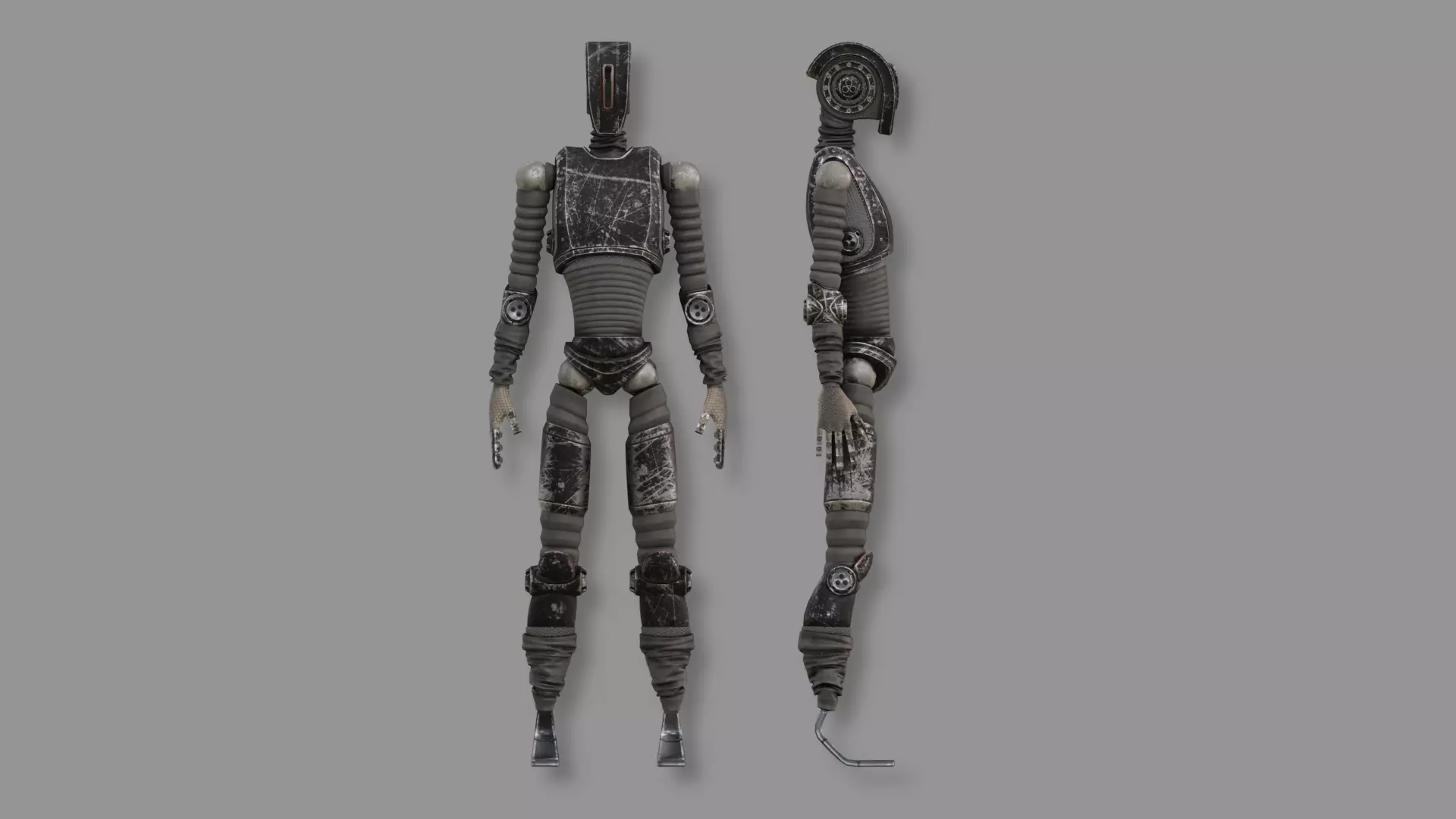 Black painted humanoid robot with surface scratches — worn tactical finish