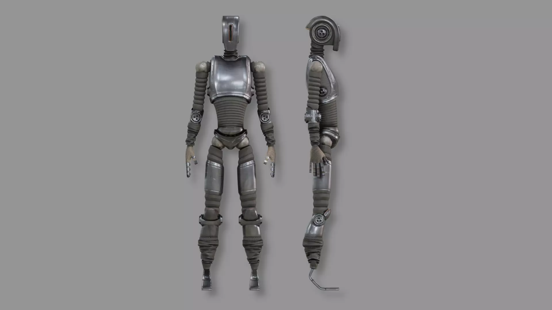 Stainless steel humanoid robot — polished metal with brushed reflective highlights