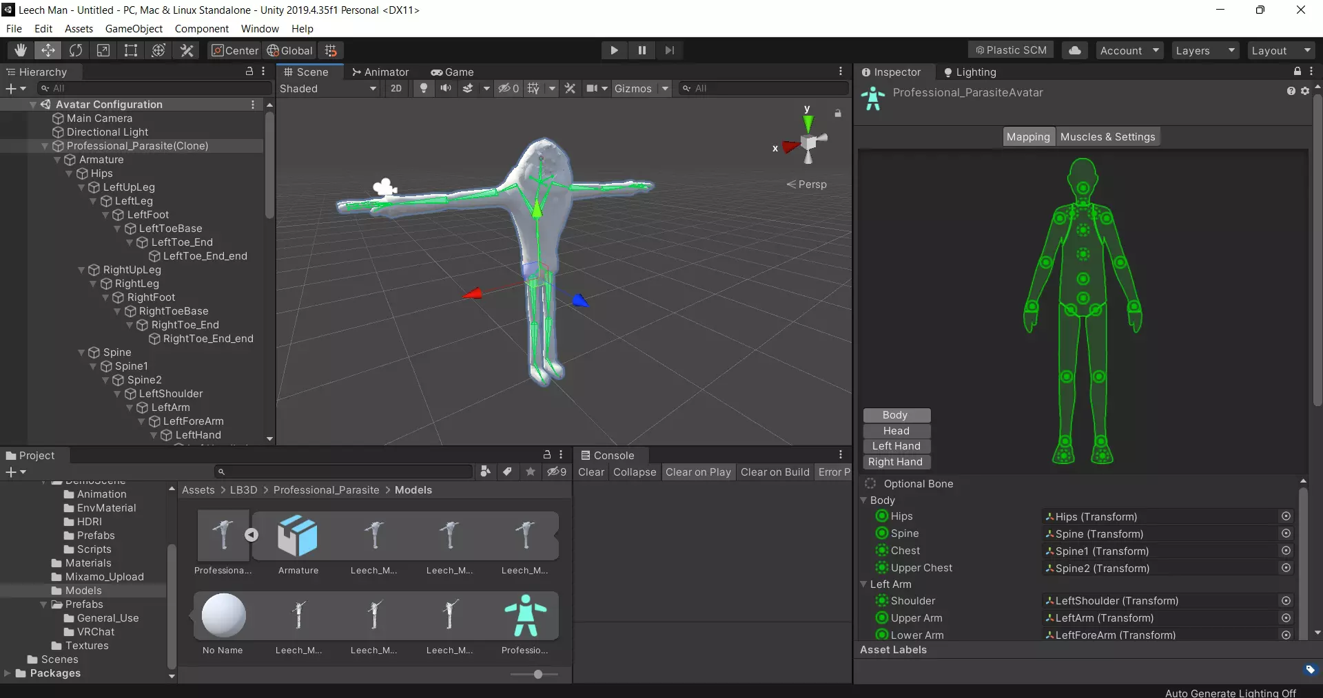 Unity rig setup showing mapped humanoid bones for the Professional Parasite
