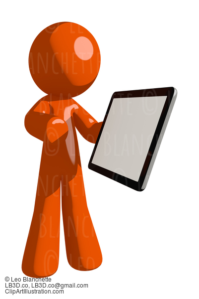 Orange Man Showing Electronic Computer Tablet To Viewer #16487