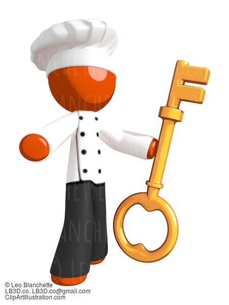 Orange Man Chef Holding Large Key Facing Audience #15912