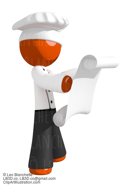 Orange Man Chef Looking At Printed Online Recipe #15925