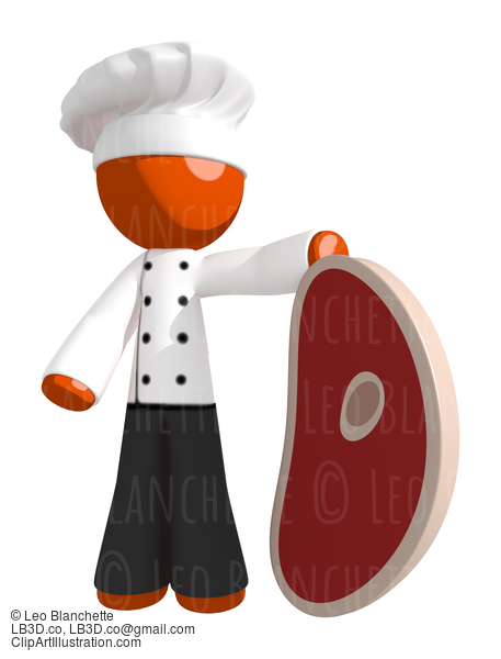 Orange Man Chef Holding Giant Steak #15952