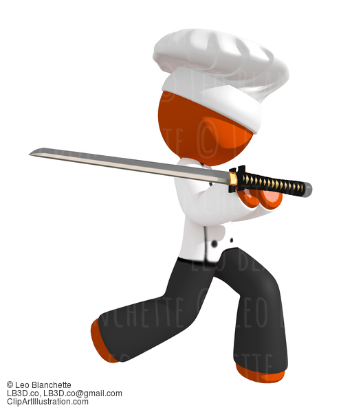 Orange Man Chef Ninja Warrior Pose With Ninja Sword #15975