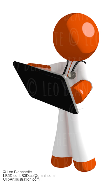 Orange Man Doctor Holding Tablet Or Computer Device #16183