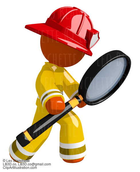 Orange Man Firefighter Using Giant Magnifying Glass #16578