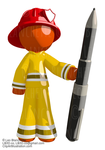 Orange Man Firefighter Holding Large Pen #16582